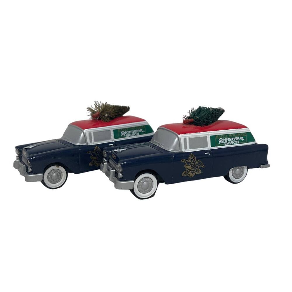 2 Lot Budweiser Anheuser Busch 1955 Chevrolet Car Happy Holidays Ornament